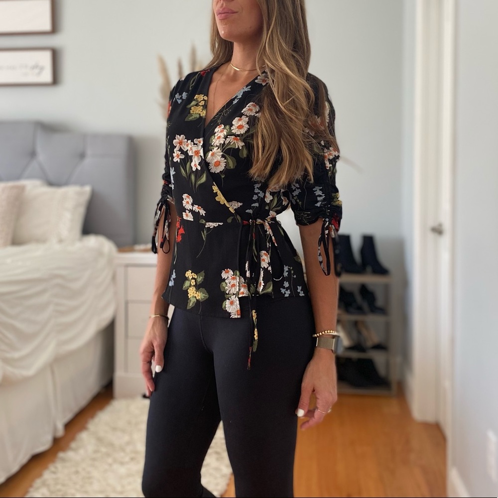 TOPSHOP Black Floral Wrap Top, Floral blouse Size 6